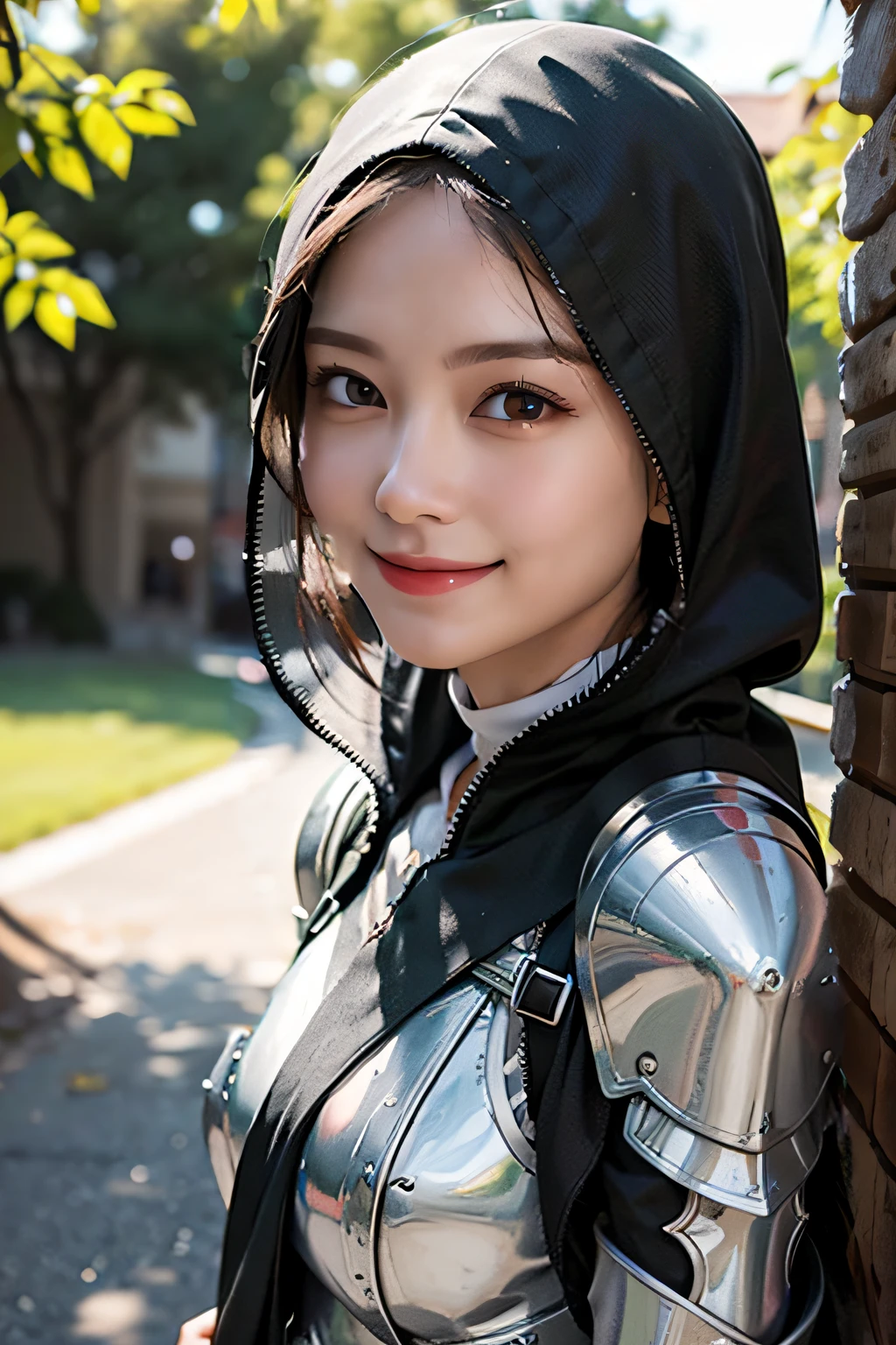 girl wearing cape hijab, whole body covered by full body armor