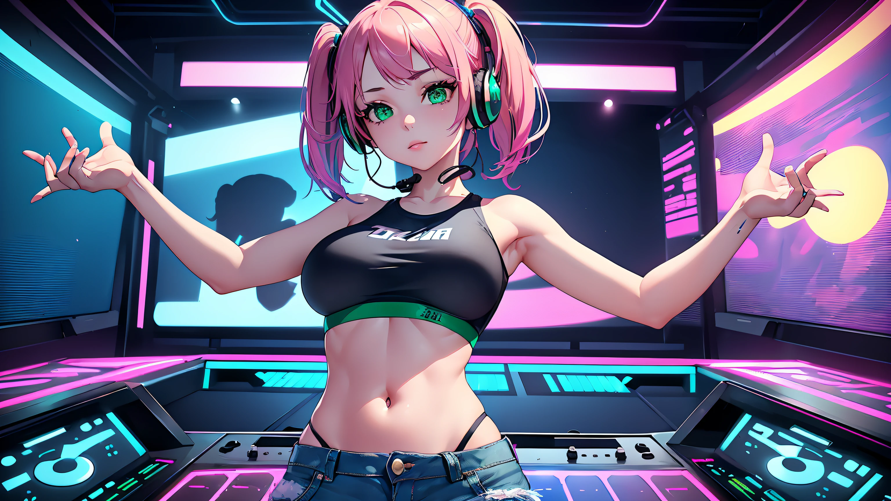 hd masterpiece, 1girl ((20year old, detailed face:1.2, detailed green eyes:1.5, multicolor pink hair, twin ponytails, perfect model body:1.3, medium breasts:1.1, wearing a tight crop top, exposed navel, tight blue jeans, sneakers, looking at viewer, cowboy shot:1.4, wearing headphones, dreamy girl)) standing behind a DJ booth, NEON and exciting atmosphere ((solo:1.7)) ((camera focus on face:1.3))