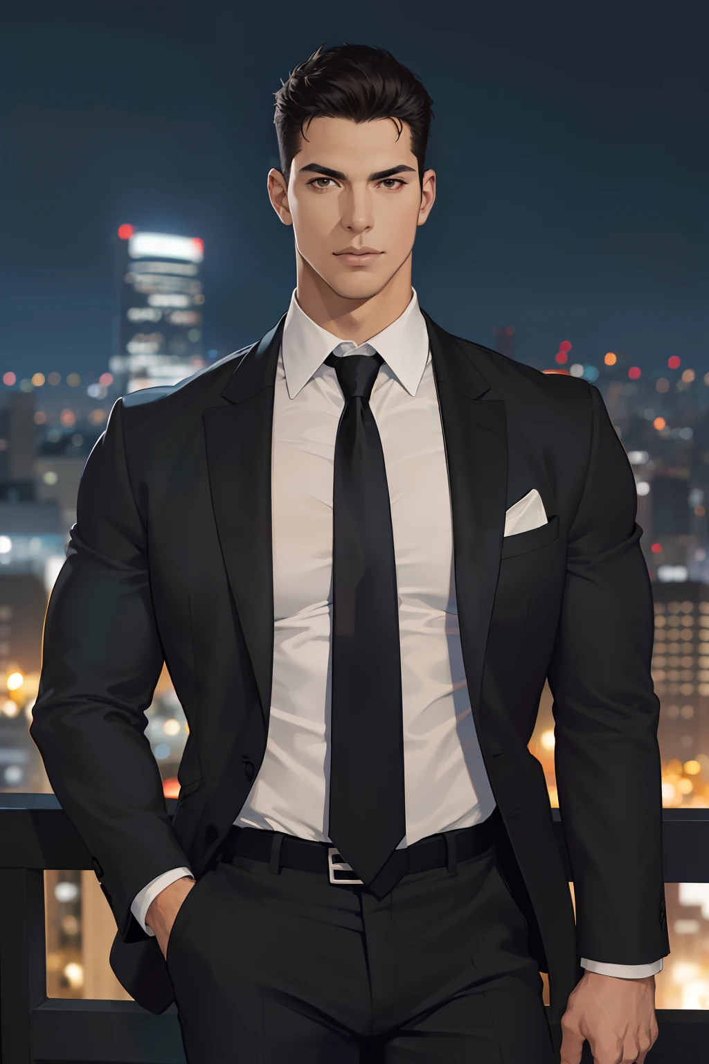(absurdres, highres, ultra detailed, realistic, ), 1 male, solo, adult, mature, tall muscular guy, broad shoulders, handsome, very short hair, black hair, brown eyes, angular jaw, thick neck, thick eyebrows, night, dark, the night view of the city background, formal suit, necktie, upper body