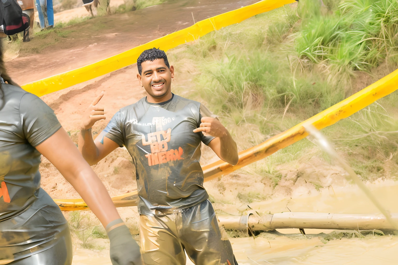 There's two people who're playing in the mud, trabalho pioneiro suado e grosseiro, coberto de lama, sujo e suado, lama voadora, Alex Miranda, divertindo-se, lama molhada, suado e sujo, seu rosto enlameado e suor, muito feliz!, Joel Torres, uhd candid photo of dirty, todo mundo se divertindo, lama marrom, lama no rosto
