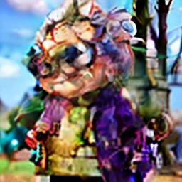 masterpiece, best quality, an old woman with glasses and a scarf on, wearing a purple coat and green scarf, standing at the park