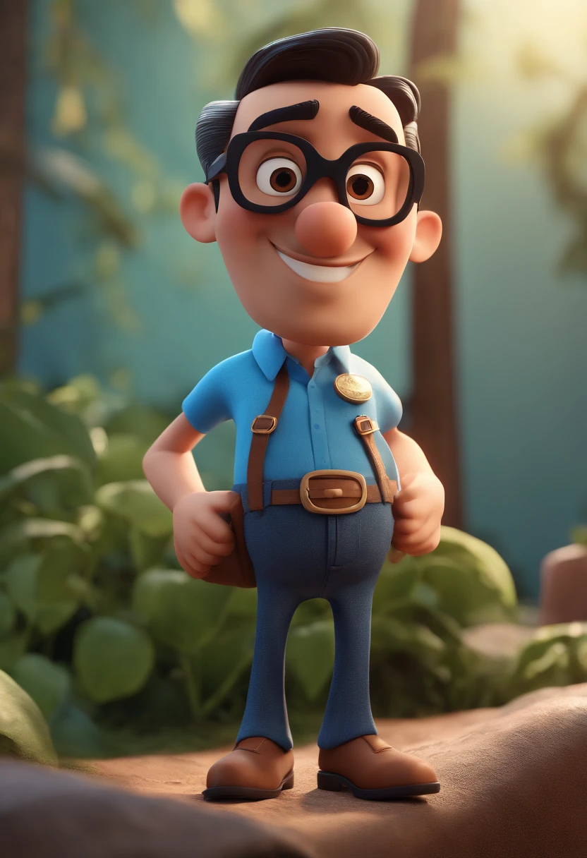 Cartoon character of a man with black glasses and a blue shirt, animation character, Caractere estilizado, animation style rendering, 3D estilizado, Arnold Maya render, 3 d render stylized, toon render keyshot, Personagem 3D, Personagem 3D, 3d rendering stylized, 3 d character render, personagem de desenho animado, Personagem de close up, Pose de personagem, (Estilo Pixar) (master part:1.2) (Bokeh) (best quality) (pele detalhada) (textura detalhada) (8k) (argila) (Cinematic lighting) (foco nítido