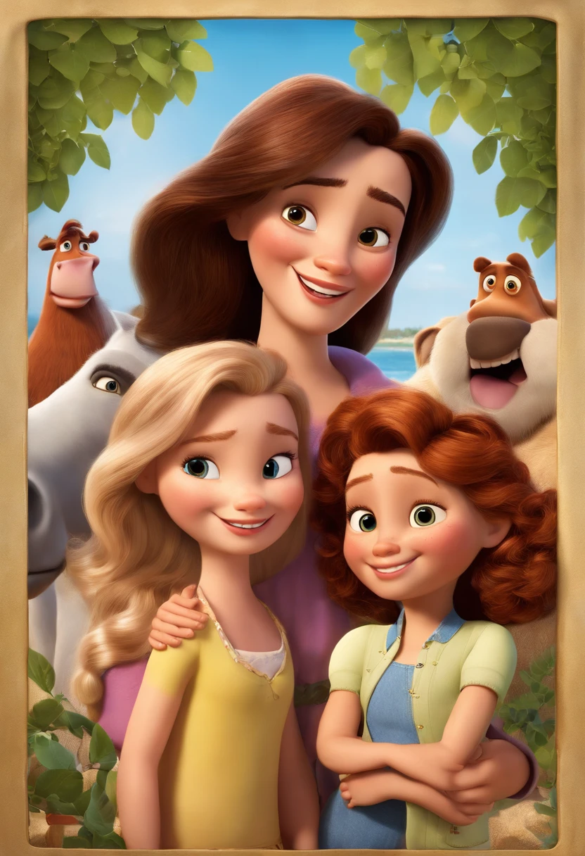 a Disney Pixar movie poster showing a white-skinned family. The father is the tallest, Tem barba curta, loiro, cabelos curtos e espinhosos. The mother has brown eyes and hair, shoulder-length and is slightly overweight. A menina tem 4 anos e cabelos castanhos, roupa rosa e rabos de cavalo. The background is a beach garden. 3D-rendering