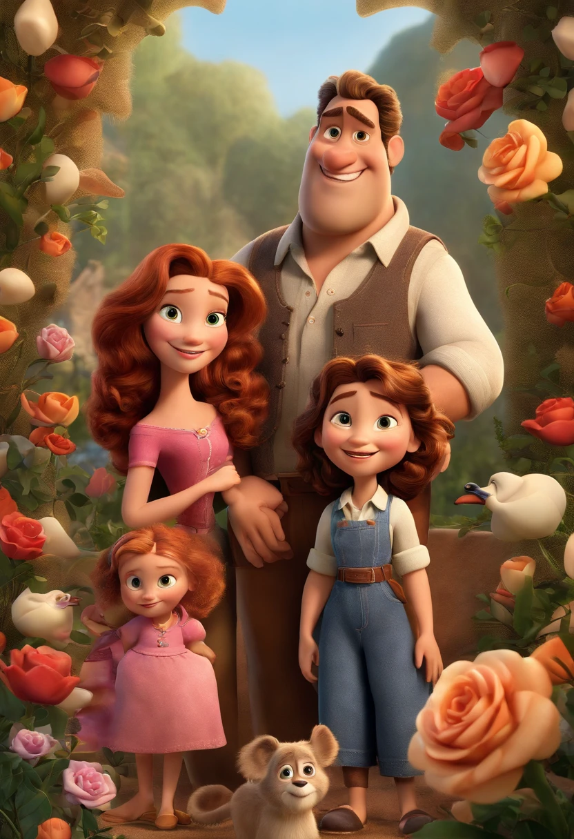 a Disney Pixar movie poster showing a white-skinned family. The father is the tallest, Tem barba curta, loiro, cabelos curtos e espinhosos. The mother has brown eyes and hair, shoulder-length and is slightly overweight. A menina tem 4 anos e cabelos castanhos, roupa rosa e rabos de cavalo. The background is a beach garden. 3D-rendering