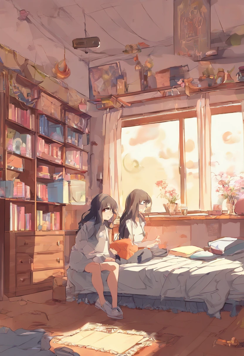 absurd resolution, High resolution, (Obra maestra: 1.4), Super detailed, (((Cara detallada, detailed expression)), dos chicas, Girl and girl, amigos, Mejores amigos, Classmates, relajante, Cola de caballo, bob, Sentado en la cama, sentado en el suelo, Dos personas conversando, Background in the room, amigos, Mejor amigo, Hogar, 1k, small room, cortinas, cama, TV, escritorio, Room Wear, kyoto animation, The atmosphere of Kyoto Animation, (lacrimoso)