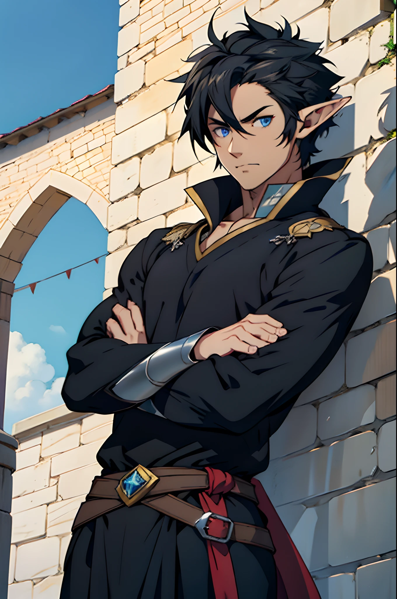 Anime elf guy with Black hairs and blue eyes, medieval suit, medieval city, masterpiece, 4k, supersharp, accurate, art