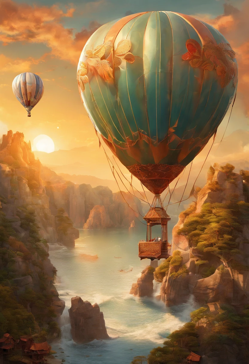 3D rendering of (The hot air balloon caught fire,Fly over the sea), The bride and groom kiss on a hot air balloon, azure sea, White waves crash against the rocks, Reflection of a hot air balloon, beautiful sky,close up photograph,Photography,Clear facial features,concept art of character,A beautiful painting by Stephen Shore,Ukiyo-e art,Pixar style,Guyan artwork,Masterpiece,Encaustic painting,Egg garnish,Matte painting,Modern art,spray ,bentwood,Beadwork,Etched tiles,Feather work,land art,Smoke art,carved wood,decorations,Beads and rope,Image courtesy of Ingmar Bergman(Ingmar Bergman)of works,Image from the work of Darren Aronofsky,Antoni Gaudí(Antoni Gaudí),author:Rem Koolhaas,Oscar Niemeyer(Oscar Niemeyer),author:Renzo Piano placeholder image,author:Alessio Albi, author:David Berdan,author:Chris Burcard,author:Ray Collins,Dreamy atmosphere,An atmosphere of happiness,Romantic atmosphere,Depth of field (degrees of freedom),boobs shot(mcu),Bottom view,Beautiful lighting, --Original style --Glass