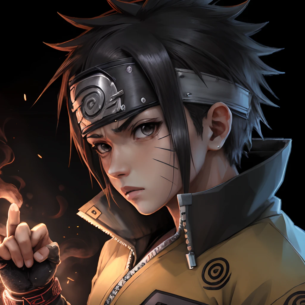 Anime. Naruto exalando poder intenso, usando uma roupa estilosa, with a lot of details and with a serious look with a black background. Imagem com um alta qualidade