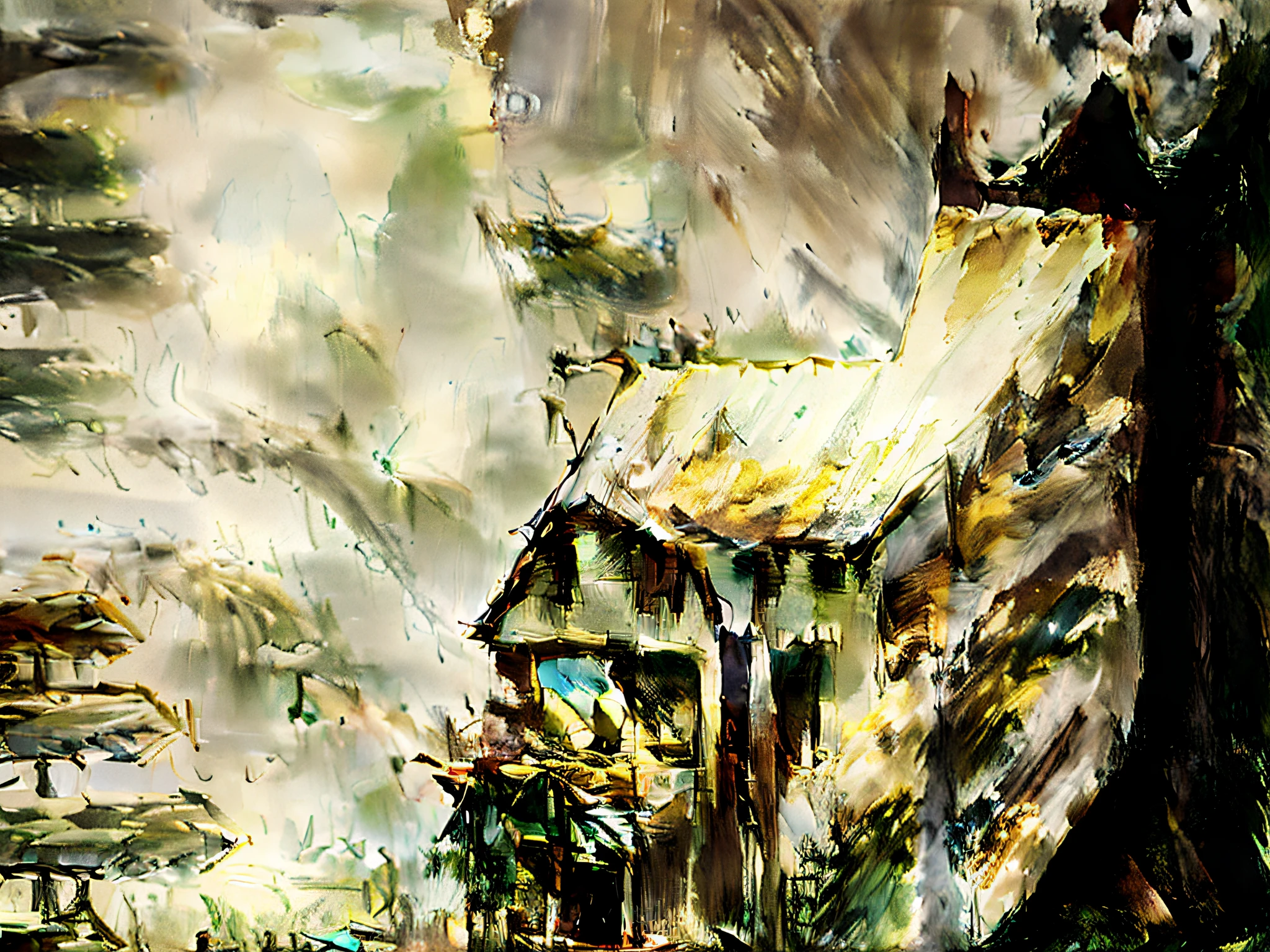Drawing of a house with a tree and a fence in front, caneta e tinta sobre papel, caneta e tinta, detalhado, but rough, estilo de caneta e tinta, desenhado em caneta de ponta fina, illustration in pen an ink, illustration in pen an ink, caneta & desenho a tinta digital, desenho a caneta e tinta digital, ink and pencil, pencil and ink, um desenho a tinta digital