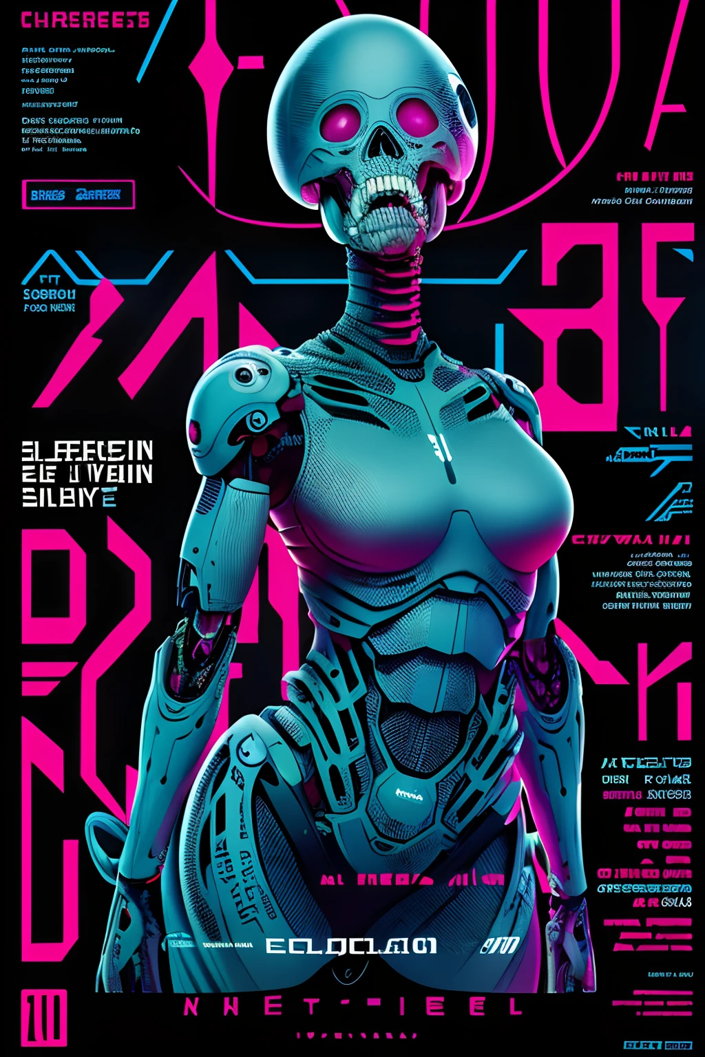 sexy female cyborg, magazine cover, poster art , Lovecraftian horror genre, hint of vibrant, bold huge text, matted design layout.