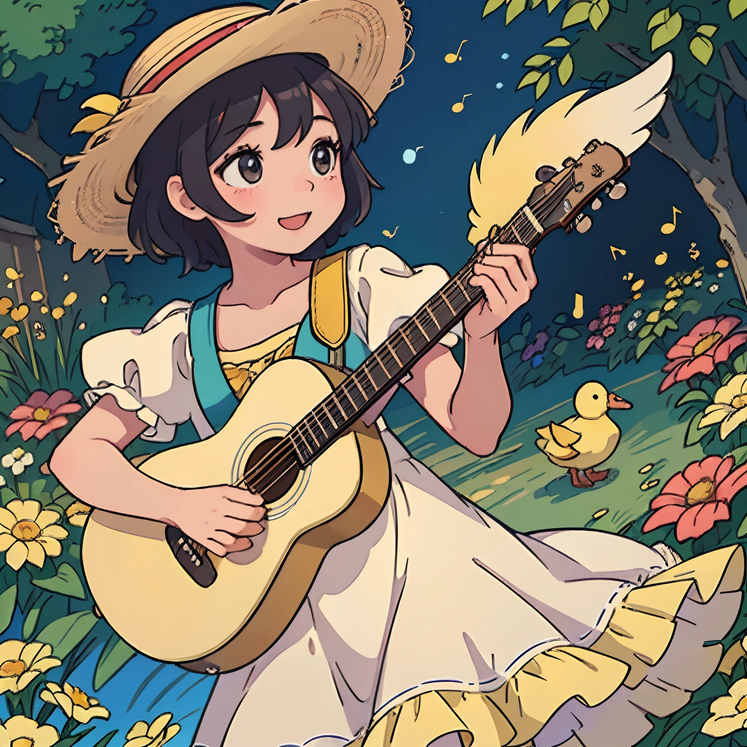 a  duck playing guitar,detailed feathers,adorable beak,expressive eyes,soft yellow fur,playful personality,with a straw hat,serenading the audience,cute little wings,harmonious melody,bright and colorful garden background,(best quality:1.2),vibrant colors,natural lighting,beautiful garden scenery,blurred bokeh effect,vivid and lively image,Fine Art style