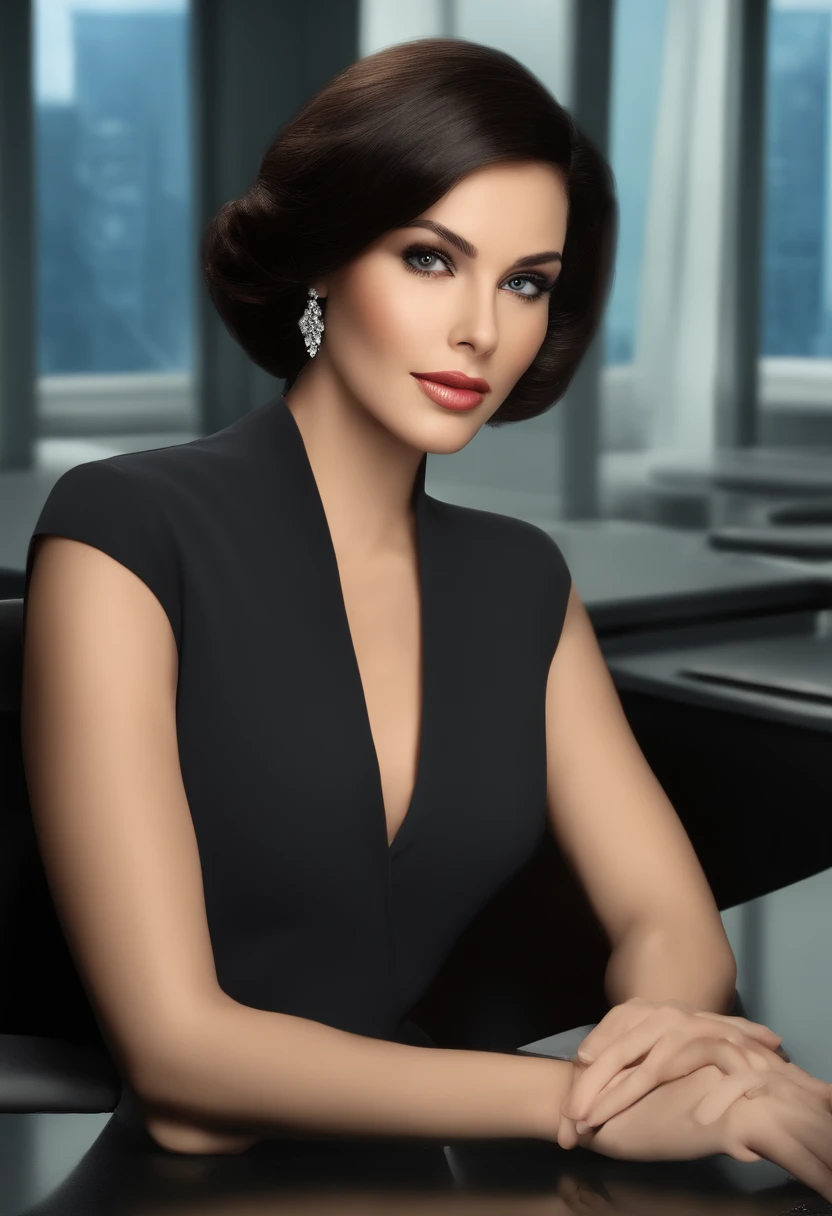 well-dressed woman, seated full-length, her hands pose on a desk, she radiates confidence and poise, her short black hair frames her face and her brown eyes sparkle against the light blue background of the TV news studio. Masterpiecee, best quality, highest quality, photorealistic, perfect anatomy, perfect face, perfect eyes,1girl, n4tpp0r7-smf, solo, realistic, brown hair, long hair, lips, parted lips, black eyes, brown eyes, neg (worst quality, low quality:1.4), (greyscale)