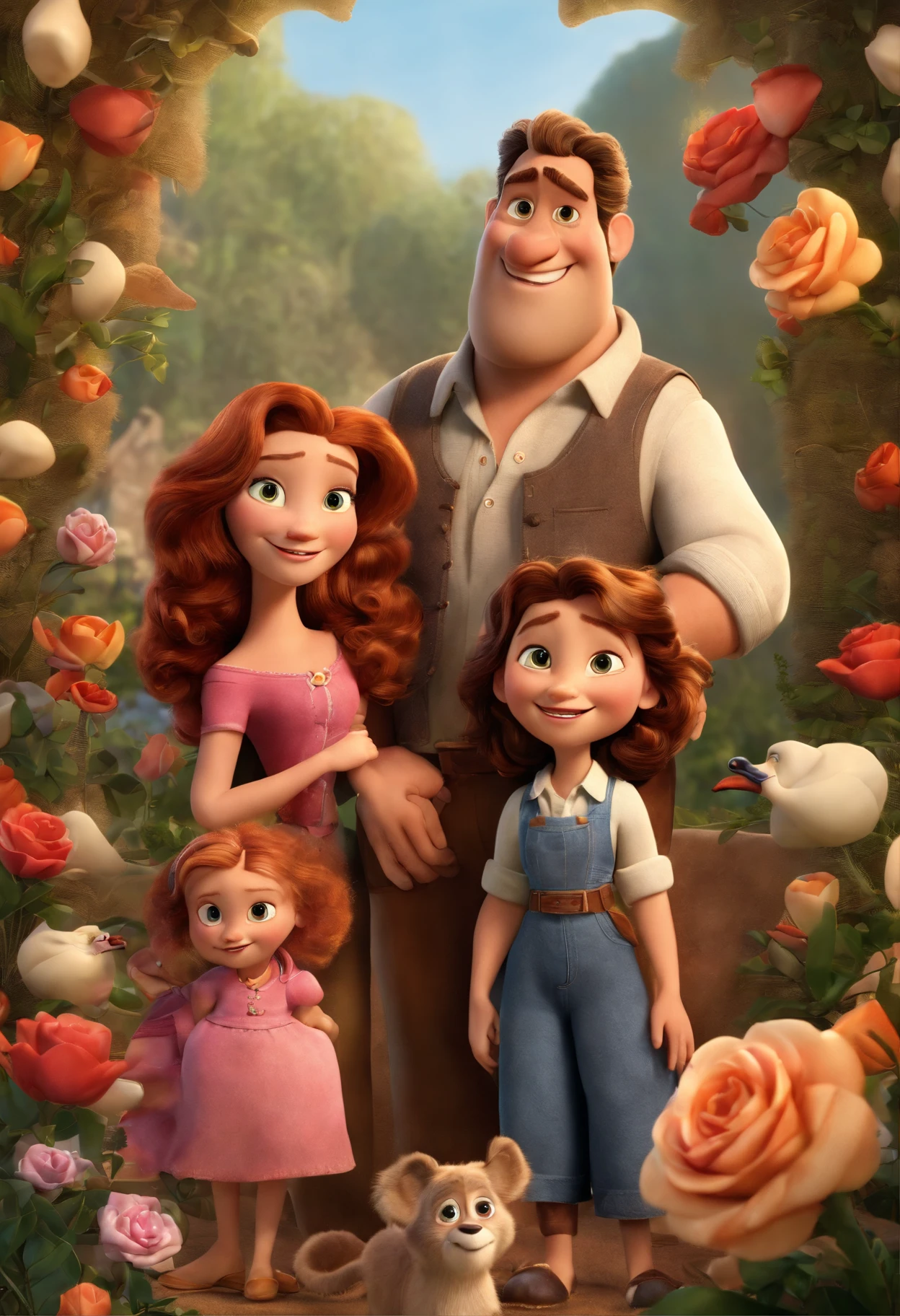 a Disney Pixar movie poster showing a white-skinned family. The father is the tallest, Tem barba curta, loiro, cabelos curtos e espinhosos. The mother has brown eyes and hair, shoulder-length and is slightly overweight. A menina tem 4 anos e cabelos castanhos, roupa rosa e rabos de cavalo. The background is a beach garden. 3D-rendering