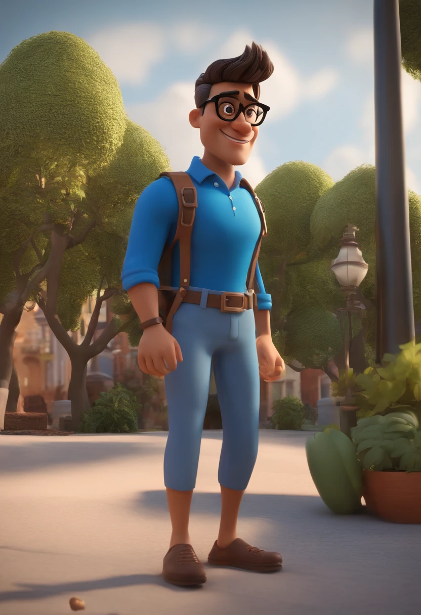 Cartoon character of a man wearing black glasses and a blue shirt, um personagem animado, Caractere estilizado, animation style rendering, 3D estilizado, Arnold Maya render, 3 d render stylized, toon render keyshot, Personagem 3D, Personagem 3D, 3d rendering stylized, 3 d character render, personagem de desenho animado, Personagem de close up, Pose de personagem, (Estilo Pixar) (master part:1.2) (Bokeh) (best quality) (pele detalhada) (textura detalhada) (8k) (argila) (Cinematic lighting) (foco nítido，Senta e vaza a parte superior do corpo