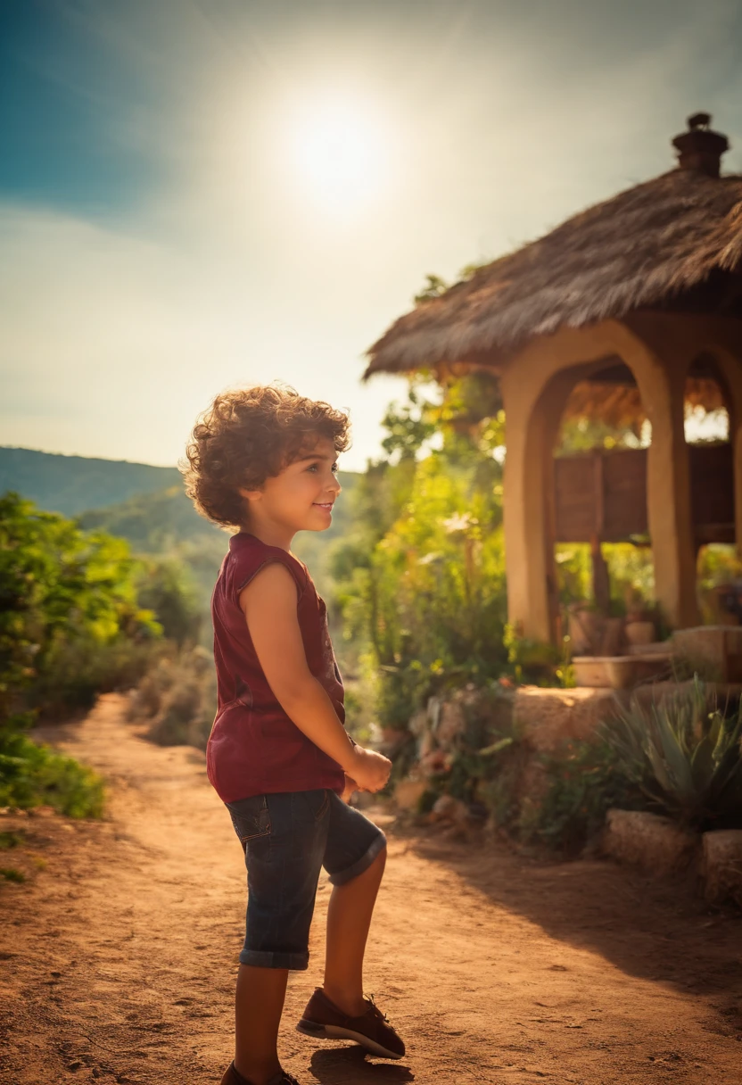 : Miguel, aproximadamente 8 anos de idade, cabelo curto estilo Disney, olhos castanhos e sorrisos. garota: Giovana, 15 anos, longos cabelos pretos e olhos castanhos. scenecy: Miguel and Giovana are in a cozy little house in the valley, ao fundo um dia ensolarado, Destacando o Sol.