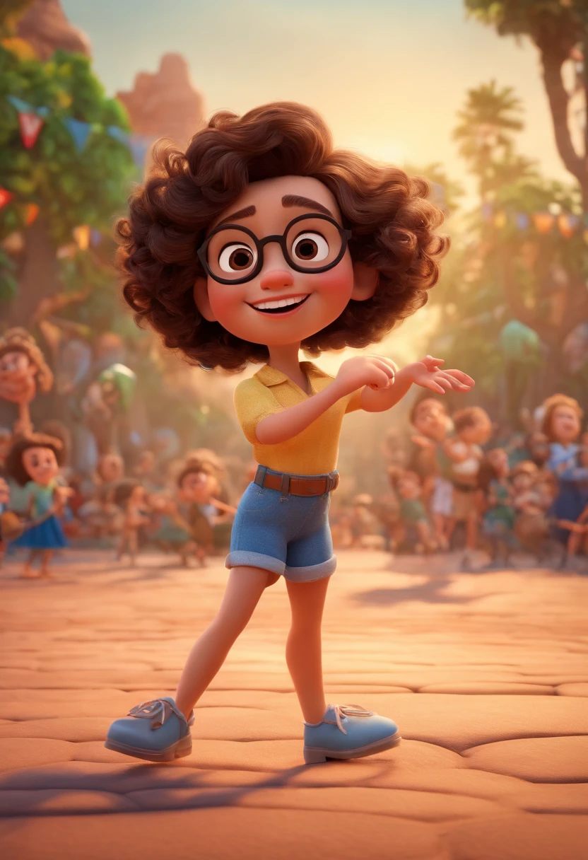 Pixar style image with 3D character white glasses brunette woman short curly hair dancing, Maquiagem Disney,Pescador, bonitinho, sorridente ,Close-up, Pixar, Disney, Cinema lighting,