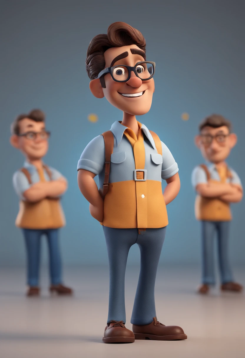 Cartoon character of a man with black glasses and a blue shirt, animation character, Caractere estilizado, animation style rendering, 3D estilizado, Arnold Maya render, 3 d render stylized, toon render keyshot, Personagem 3D, Personagem 3D, 3d rendering stylized, 3 d character render, personagem de desenho animado, Personagem de close up, Pose de personagem, (Estilo Pixar) (master part:1.2) (Bokeh) (best quality) (pele detalhada) (textura detalhada) (8k) (argila) (Cinematic lighting) (foco nítido