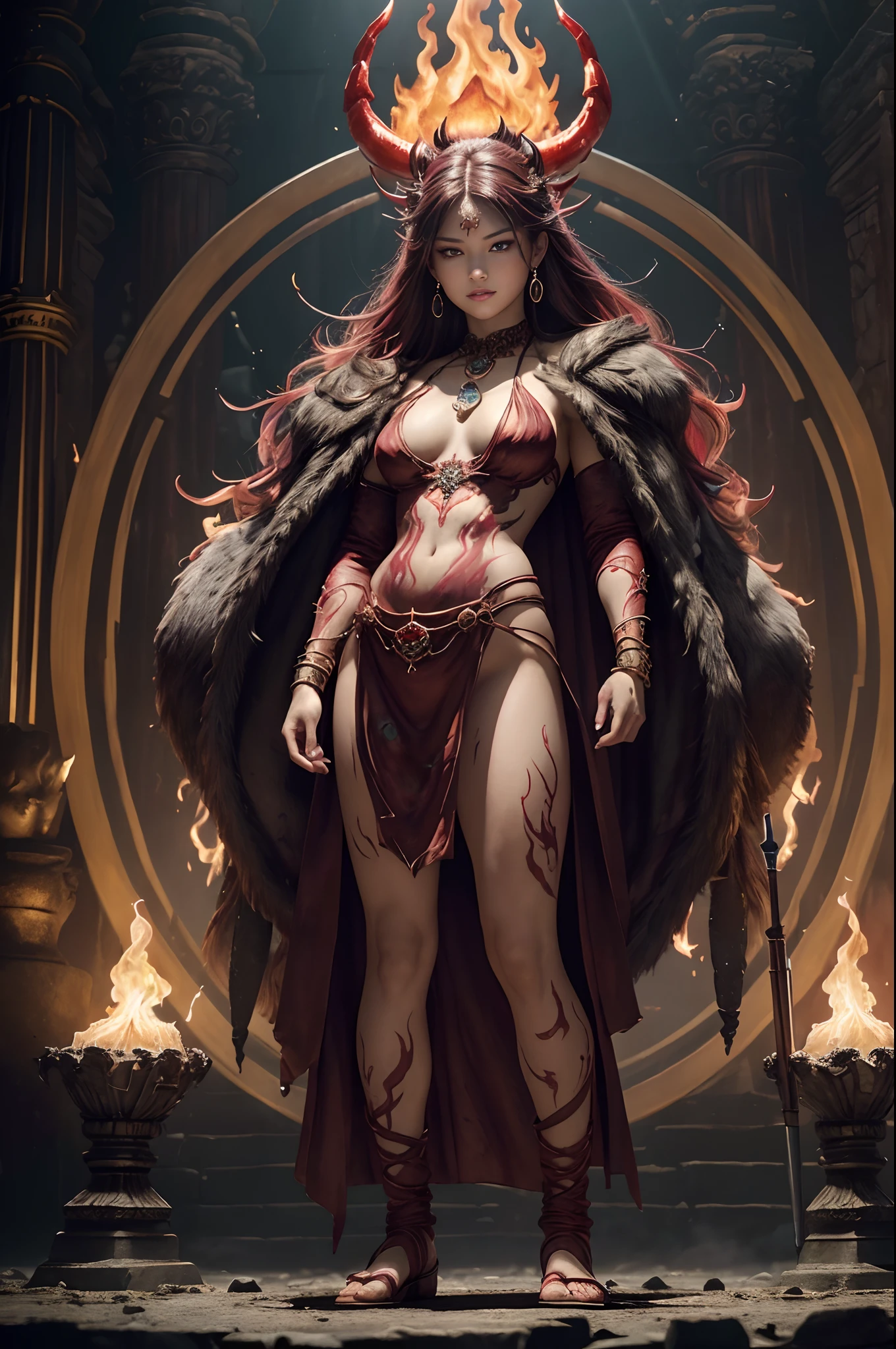8K,(number々Award-winning masterpiece of、incredible detailing、texture、Maximum detail)、(hyper realisitic:1.4)、(reallistic:1.3)、(full body portrait painting:1.8)、(Upper Body Up:0.4)、(Realistic textured skins of the highest quality)、(Elaborate True Circle Symmetrical Eyes)、Elaborate face、((medieval world))、((The Flame Devil of the Lord))、((The Fire Devil of the Lord's Hell))、(Burning a bright, icy look in the eyes)、(Full-body statue:1.6)、 (Smile mischievously)、(Eyes that glow red in the dark:1.5)、(A pair of red eyes emitting a strong red light from the inside:1.5)、(Full-body standing image:1.8)、(Swirling flames and flames in the background)、(dramatic light)、(A majestic sight)、(The expression is gentle and beautiful,、Somewhere horrible)、Glass earrings in the ears、 (dramatic photography:1.4)、(Standing of the whole body:1.8)、((dramatic pose))、(Golden hair)、(silber hair)、(maroon hair)、(Upturned hair)、((Looking down))、(A simple necklace with exquisite workmanship around the neck)、(Bioluminescence with a brilliant glow:1.3)、(Use fancy flame magic:1.2)、(Swirling flames)、 The Great Temple of the Devil、 The Great Shrine of the Devil、 Great Temple、great cathedral、Temple ruins、Detached temple、(Luminous magic circle)、Ruins of the old castle、Shining majestic cloud masses and sky、lightning、Graphic of the epic、faded、art by、(by Greg Rutkowsky:0.8)、(teal and orange:0.4)、(art  stations:1.5)、cinematic、((Neutral Color))、(HDR:1.5)、(Subdued Color:1.2)、ultra-detailliert、dramatic light、(intricate detailes:1.1)、the complex background、