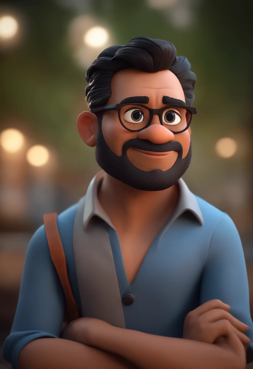Cartoon character of a man with black glasses, cabelo cacheado marrom escuro e uma camisa azul, animation character, Caractere estilizado, animation style rendering, 3D estilizado, Arnold Maya render, 3 d render stylized, toon render keyshot, Personagem 3D, Personagem 3D, 3d rendering stylized, 3 d character render, personagem de desenho animado, Personagem de close up, Pose de personagem, (Estilo Pixar) (master part:1.2) (Bokeh) (best quality) (pele detalhada) (textura detalhada) (8k) (argila) (Cinematic lighting) (foco nítido