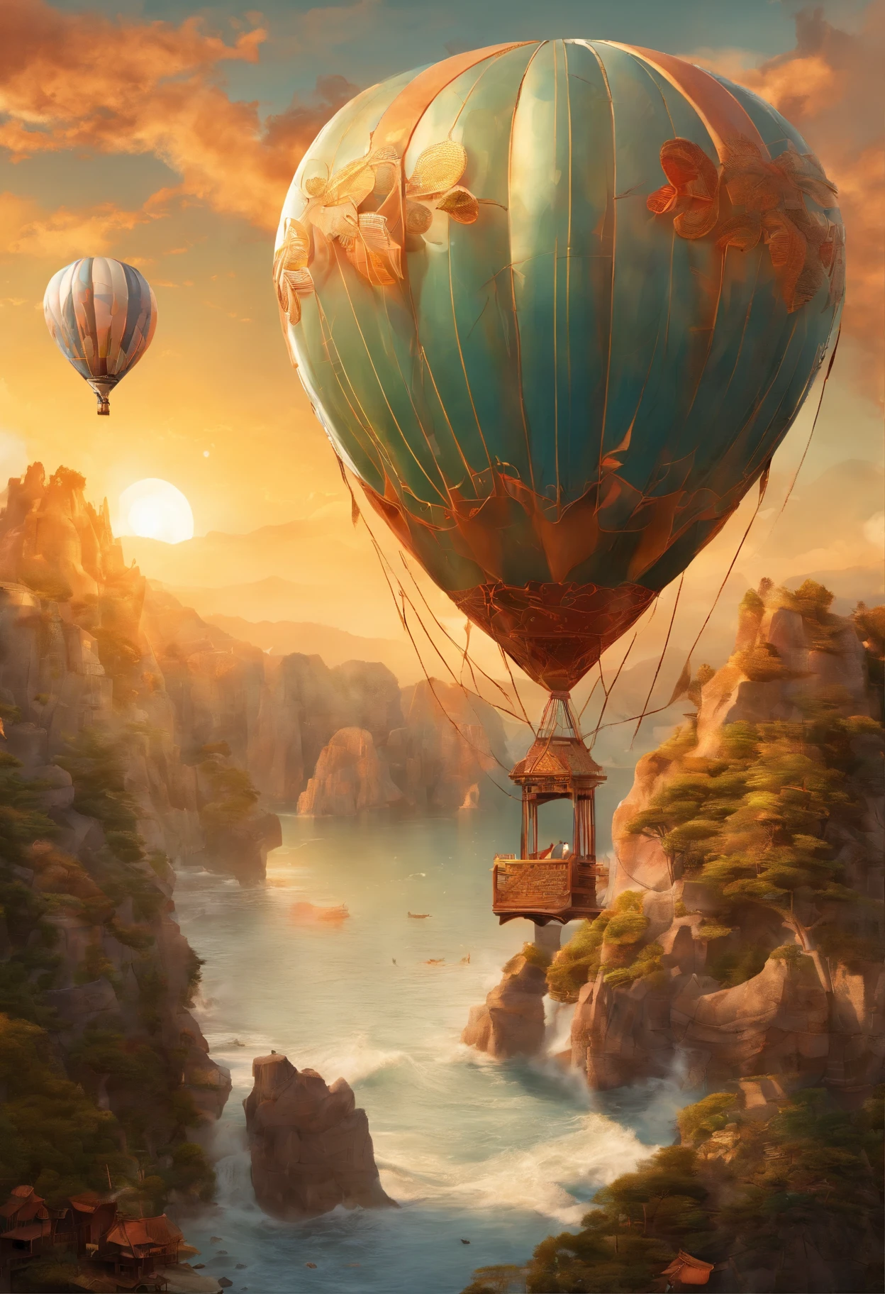 3D rendering of (The hot air balloon caught fire，Fly over the sea), The bride and groom kiss on a hot air balloon, azure sea, White waves crash against the rocks, Reflection of a hot air balloon, beautiful sky,close up photograph,Photography,Clear facial features,concept art of character,A beautiful painting by Stephen Shore,Ukiyo-e art,Pixar style,Guyan artwork,Masterpiece,Encaustic painting,Egg garnish,Matte painting,Modern art,spray ,bentwood,Beadwork,Etched tiles,Feather work,land art,Smoke art,carved wood,decorations,Beads and rope,Image courtesy of Ingmar Bergman（Ingmar Bergman）of works,Image from the work of Darren Aronofsky,Antoni Gaudí（Antoni Gaudí）,author：Rem Koolhaas,Oscar Niemeyer（Oscar Niemeyer）,author：Renzo Piano placeholder image,author：Alessio Albi, author：David Berdan,author：Chris Burcard,author：Ray Collins,Dreamy atmosphere,An atmosphere of happiness,Romantic atmosphere,Depth of field (degrees of freedom),boobs shot(mcu),Bottom view,Beautiful lighting, --Original style --Glass