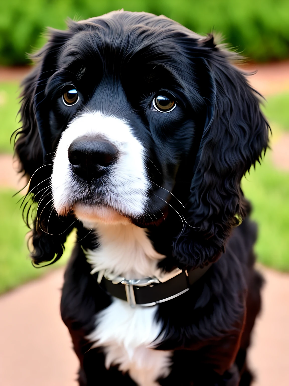 A black cocker spaniel with a white chin and white patch on his chest. With a collar that says P.J. Done in Pixar style.
