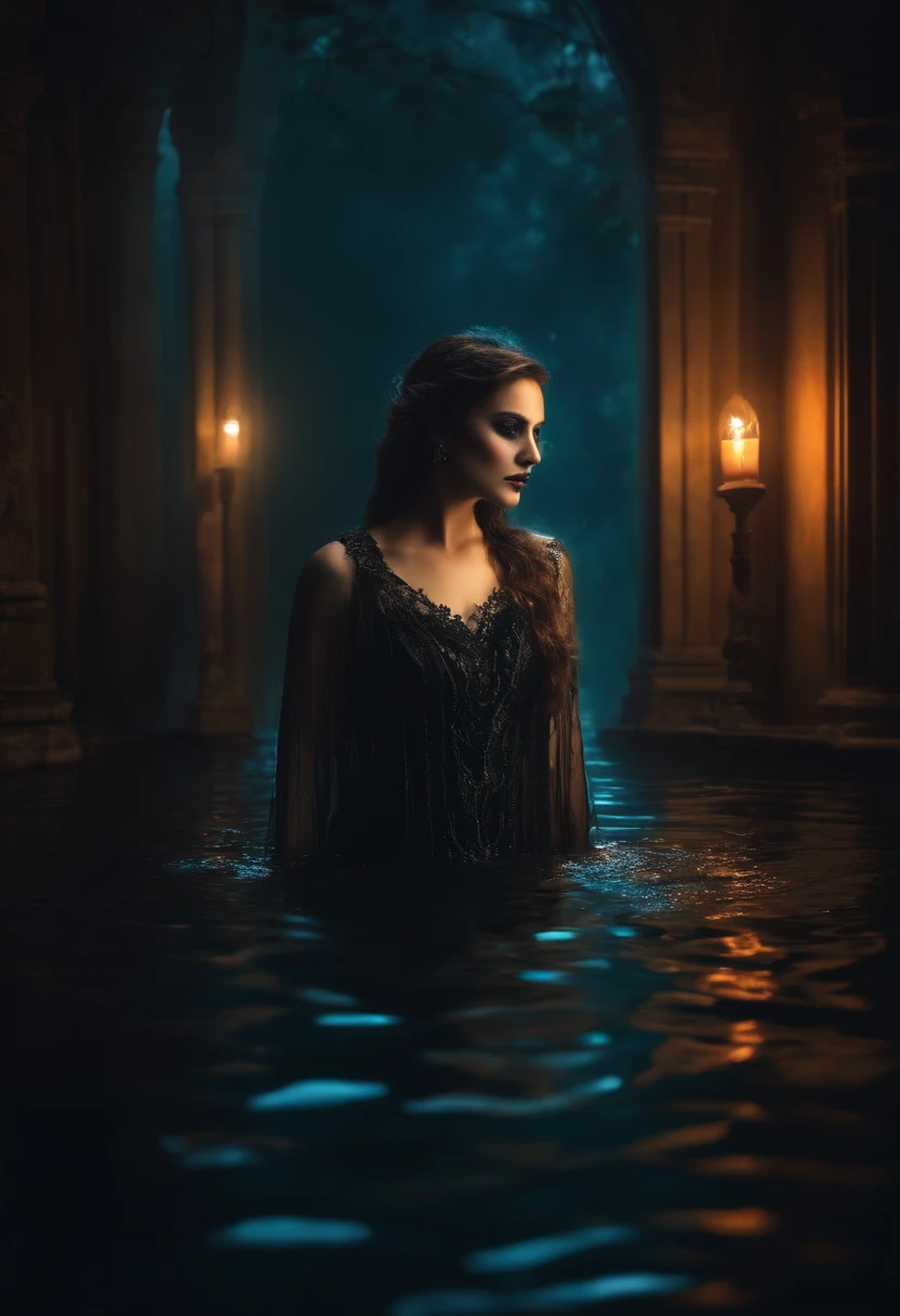 Scary gothic woman peeking out of water, eerie, Creepy, nightmarish, Very bright colors, Light particles, with light glowing, Mshiff, wallpaper art, UHD wallpaper