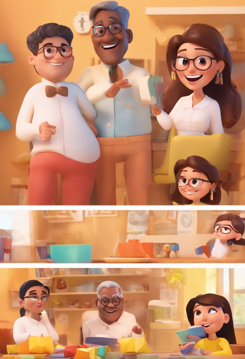 An illustration of an adorable grandfather,  Chubby white man with glasses smiling and a brunette woman with beautiful expressive eyes - man's skin is mulatto and man's hair haswhile woman's skin is black and woman's hair is straight and brown. They are a bright room, cada um com um sorriso no rosto, e compartilhar um momento especial caracterizado pelo amor, Insights. Illustrate this scene from a perspective where they are facing the camera, Smiling and Showing Your Connection. Desenvolva esta arte em Full HD, Focus on your cinematic touch, Estilo Disney Pixar Animations