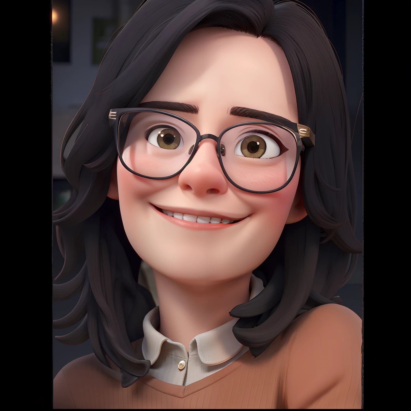 A short-haired woman wearing glasses smiling