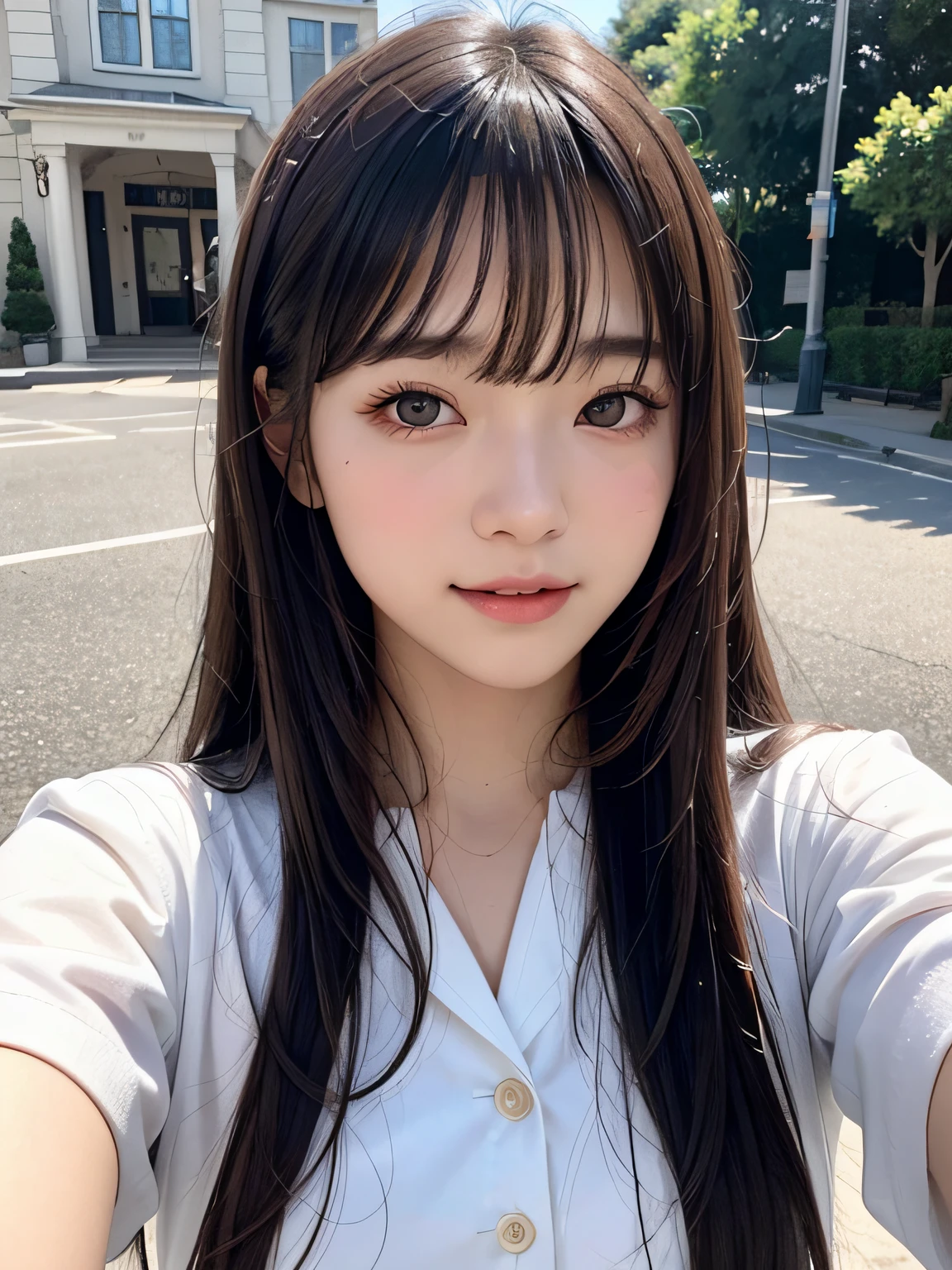 bright expression、photorealisim、top-quality、超A high resolution、a picture、Photos of the most beautiful Nordic girls、Detailed cute and beautiful face、a small face、(pureerosface_v1:0.008)、Beautiful bangs、alice in the wonderland、18year old、Glowing white shiny skin、Hair tangled in the face、Bangs that extend to the face、bangss、Hair between the eyes、Super long hair、Attractive brown silky hair、finer hair、Bright, Clear light blue eyes look attractive、full body Esbian、School Winter Uniform、winter uniform、jaket、eye liner、Double eyelids、ample breasts、Shot up to the thigh、Dynamic Pose