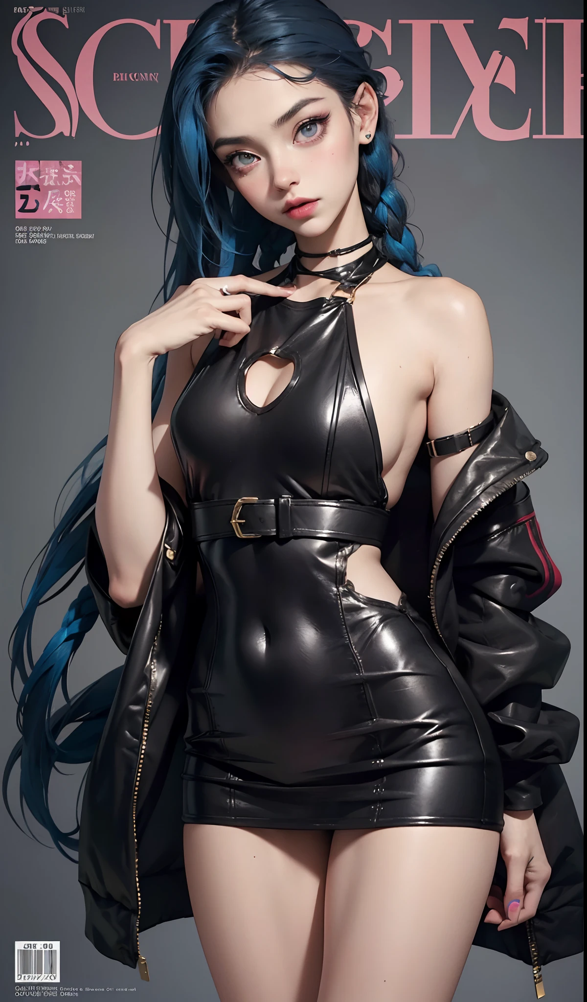 Best quality, Works of masters, A high resolution, 1girll, Super beautiful face, super beautiful eye, Super beautiful hair，Trendy outfits，MagazineCover，Sexy and charming，Color explosion，Black color hair，Large hairpins，full bodyesbian, jinx. good hands,
