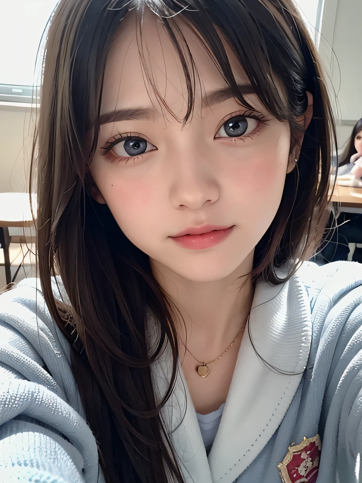 bright expression、photorealisim、top-quality、超A high resolution、a picture、Photos of the most beautiful Nordic girls、Detailed cute and beautiful face、a small face、(pureerosface_v1:0.008)、Beautiful bangs、alice in the wonderland、18year old、Glowing white shiny skin、Hair tangled in the face、Bangs that extend to the face、bangss、Hair between the eyes、Super long hair、Attractive brown silky hair、finer hair、Bright, Clear light blue eyes look attractive、full body Esbian、School Winter Uniforms、winter uniform、jaket、eye liner、Double eyelids、ample breasts、Shot up to the thigh、Dynamic Pose