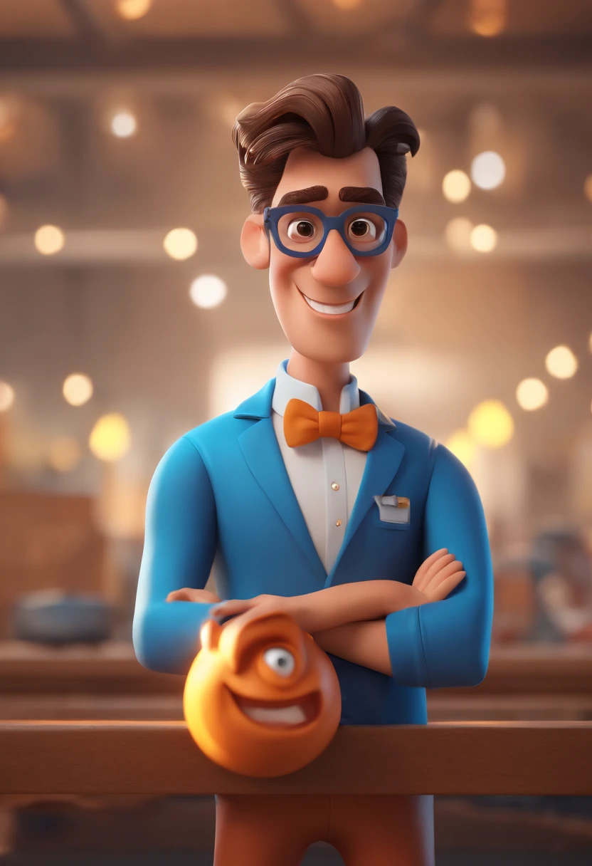 Cartoon character of a man with blue glasses and a blue shirt, animation character, Caractere estilizado, animation style rendering, 3D estilizado, Arnold Maya render, 3 d render stylized, toon render keyshot, Personagem 3D, Personagem 3D, 3d rendering stylized, 3 d character render, personagem de desenho animado, Personagem de close up, Pose de personagem, (Estilo Pixar) (master part:1.2) (Bokeh) (best quality) (pele detalhada) (textura detalhada) (8k) (argila) (Cinematic lighting) (foco nítido