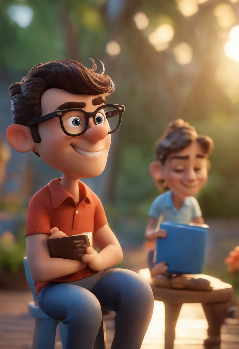 Cartoon character of a man wearing black glasses and a blue shirt, um personagem animado, Caractere estilizado, animation style rendering, 3D estilizado, Arnold Maya render, 3 d render stylized, toon render keyshot, Personagem 3D, Personagem 3D, 3d rendering stylized, 3 d character render, personagem de desenho animado, Personagem de close up, Pose de personagem, (Estilo Pixar) (master part:1.2) (Bokeh) (best quality) (pele detalhada) (textura detalhada) (8k) (argila) (Cinematic lighting) (foco nítido,Senta e vaza a parte superior do corpo