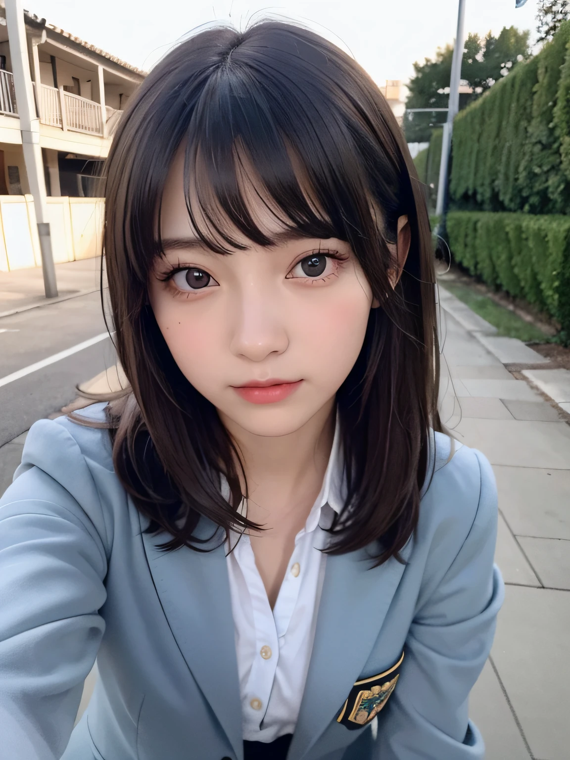 bright expression、photorealisim、top-quality、超A high resolution、a picture、Photos of the most beautiful Nordic girls、Detailed cute and beautiful face、a small face、(pureerosface_v1:0.008)、Beautiful bangs、alice in the wonderland、18year old、Glowing white shiny skin、Hair tangled in the face、Bangs that extend to the face、bangss、Hair between the eyes、Super long hair、Attractive brown silky hair、finer hair、Bright, Clear light blue eyes look attractive、full body Esbian、School Winter Uniforms、winter uniform、jaket、eye liner、Double eyelids、ample breasts、Shot up to the thigh、Dynamic Pose