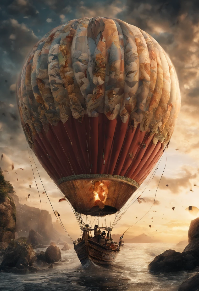 3D rendering of (The hot air balloon caught fire，Fly over the sea), The bride and groom kiss on a hot air balloon, azure sea, White waves crash against the rocks, Reflection of a hot air balloon, beautiful sky,close up photograph,Photography,Clear facial features,concept art of character,A beautiful painting by Stephen Shore,Ukiyo-e art,Pixar style,Furuhiko artwork,Masterpiece,Encaustic painting,Egg garnish,Matte painting,Modern art,spray ,bentwood,Beadwork,Etched tiles,Feather work,land art,Smoke art,carved wood,decorations,Beads and rope,Image courtesy of Ingmar Bergman（Ingmar Bergman）of works,Image from the work of Darren Aronofsky,Antoni Gaudí（Antoni Gaudí）,author：Rem Koolhaas,Oscar Niemeyer（Oscar Niemeyer）,author：Renzo Piano placeholder image,author：Alessio Albi, author：David Berdan,author：Chris Burcard,author：Ray Collins,Dreamy atmosphere,An atmosphere of happiness,Romantic atmosphere,Depth of field (degrees of freedom),boobs shot(mcu),Bottom view,Beautiful lighting, --Original style --Glass
