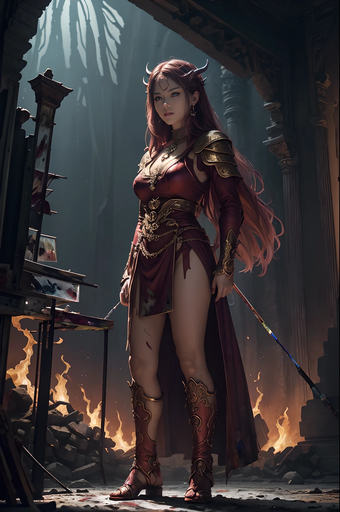 8K,(number々Award-winning masterpiece of、incredible detailing、texture、Maximum detail)、(hyper realisitic:1.4)、(reallistic:1.3)、(full body portrait painting:1.8)、(Upper Body Up:0.4)、(Realistic textured skins of the highest quality)、(Elaborate True Circle Symmetrical Eyes)、Elaborate face、((medieval world))、((The Flame Devil of the Lord))、((The Fire Devil of the Lord's Hell))、(Burning a bright, icy look in the eyes)、(Full-body statue:1.6)、 (Smile mischievously)、(Eyes that glow red in the dark:1.5)、(A pair of red eyes emitting a strong red light from the inside:1.5)、(Full-body standing image:1.8)、(Swirling flames and flames in the background)、(dramatic light)、(A majestic sight)、(The expression is gentle and beautiful,、Somewhere horrible)、Glass earrings in the ears、 (dramatic photography:1.4)、(Standing of the whole body:1.8)、((dramatic pose))、(Golden hair)、(silber hair)、(maroon hair)、(Upturned hair)、((Looking down))、(A simple necklace with exquisite workmanship around the neck)、(Bioluminescence with a brilliant glow:1.3)、(Use fancy flame magic:1.2)、(Swirling flames)、 The Great Temple of the Devil、 The Great Shrine of the Devil、 Great Temple、great cathedral、Temple ruins、Detached temple、(Luminous magic circle)、Ruins of the old castle、Shining majestic cloud masses and sky、lightning、Graphic of the epic、faded、art by、(by Greg Rutkowsky:0.8)、(teal and orange:0.4)、(art stations:1.5)、cinematic、((Neutral Color))、(HDR:1.5)、(Subdued Color:1.2)、ultra-detailliert、dramatic light、(intricate detailes:1.1)、the complex background、
