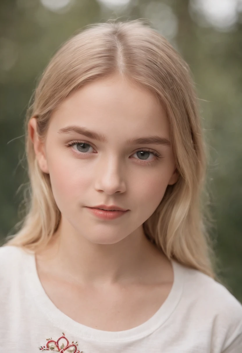 Blonde girl with straight hair, Age 9 dressed in a plain white T-shirt with a logo embroidered on the top right with the Poincenot brand , ojos marrones piel clara, pelo hasta el hombro situada en un bosque en verano