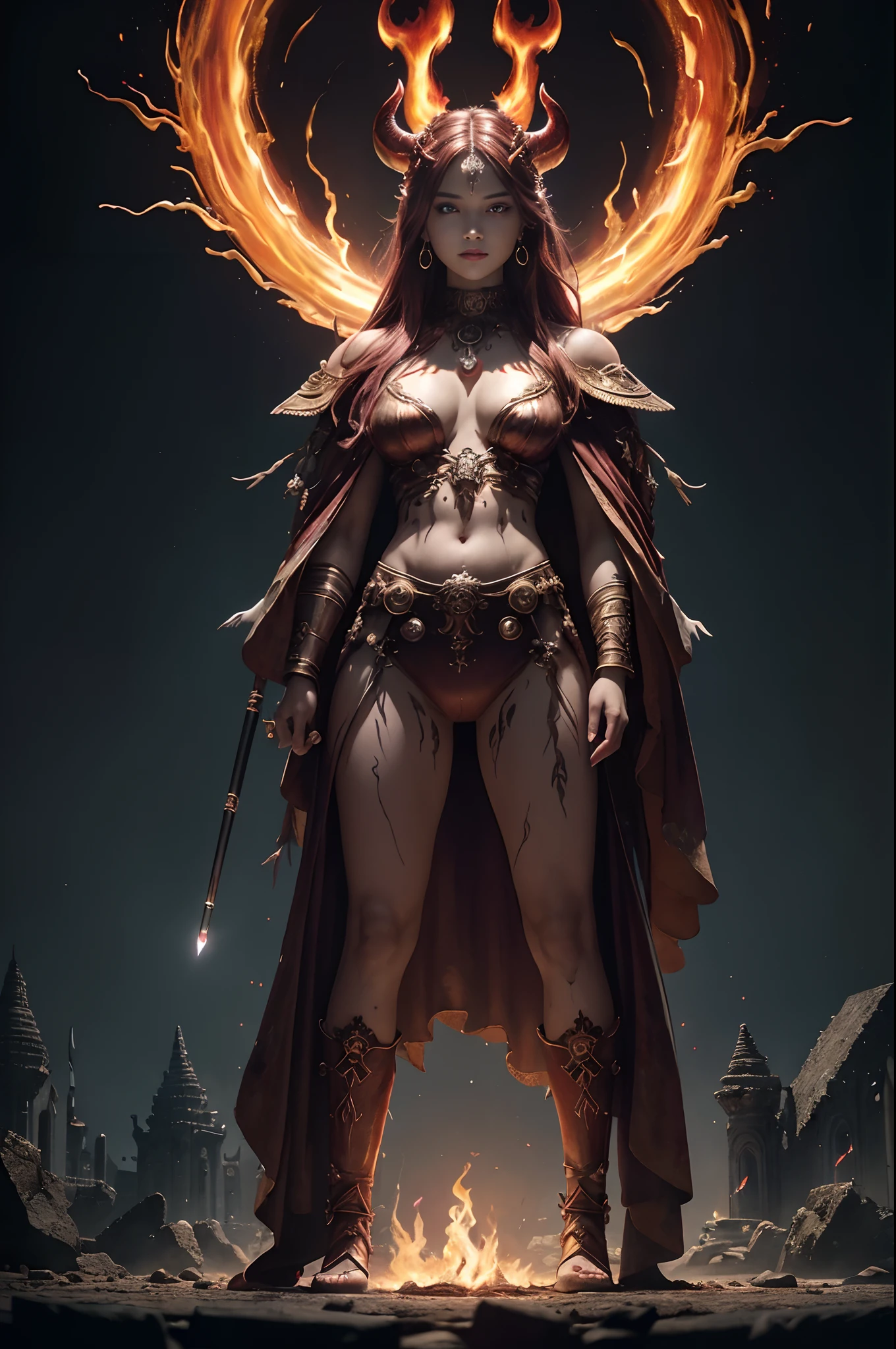 8K,(number々Award-winning masterpiece of、incredible detailing、texture、Maximum detail)、(hyper realisitic:1.4)、(reallistic:1.3)、(full body portrait painting:1.8)、(Upper Body Up:0.4)、(Realistic textured skins of the highest quality)、(Elaborate True Circle Symmetrical Eyes)、Elaborate face、((medieval world))、((The Flame Devil of the Lord))、((The Fire Devil of the Lord's Hell))、(Burning a bright, icy look in the eyes)、(Full-body statue:1.6)、 (Smile mischievously)、(Eyes that glow red in the dark:1.5)、(A pair of red eyes emitting a strong red light from the inside:1.5)、(Full-body standing image:1.8)、(Swirling flames and flames in the background)、(dramatic light)、(A majestic sight)、(The expression is gentle and beautiful,、Somewhere horrible)、Glass earrings in the ears、 (dramatic photography:1.4)、(Standing of the whole body:1.8)、((dramatic pose))、(Golden hair)、(silber hair)、(maroon hair)、(Upturned hair)、((Looking down))、(A simple necklace with exquisite workmanship around the neck)、(Bioluminescence with a brilliant glow:1.3)、(Use fancy flame magic:1.2)、(Swirling flames)、 The Great Temple of the Devil、 The Great Shrine of the Devil、 Great Temple、great cathedral、Temple ruins、Detached temple、(Luminous magic circle)、Ruins of the old castle、Shining majestic cloud masses and sky、lightning、Graphic of the epic、faded、art by、(by Greg Rutkowsky:0.8)、(teal and orange:0.4)、(art stations:1.5)、cinematic、((Neutral Color))、(HDR:1.5)、(Subdued Color:1.2)、ultra-detailliert、dramatic light、(intricate detailes:1.1)、the complex background、