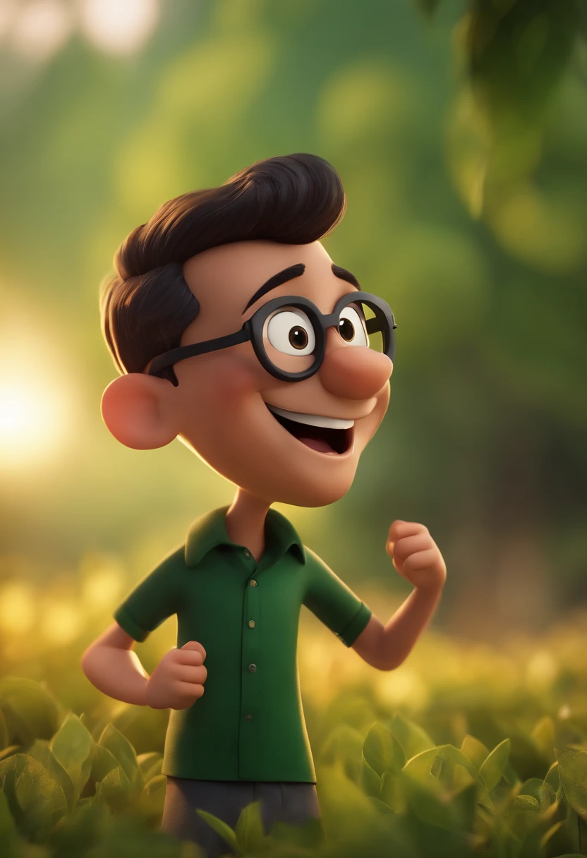 Cartoon character of a man wearing black glasses and a dark green shirt in the field holding solo in his hands happy and laughing, um personagem animado, Pose de personagem, (Estilo Pixar) (master part:1.2) (Bokeh) (best quality) (pele detalhada) (textura detalhada) (8k) (argila) (Cinematic lighting) (sharp focus