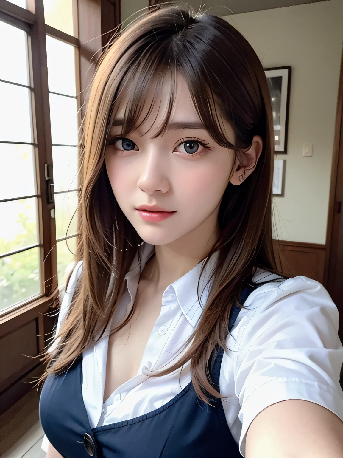 bright expression、photorealisim、top-quality、超A high resolution、a picture、Photos of the most beautiful Nordic girls、Detailed cute and beautiful face、a small face、(pureerosface_v1:0.008)、Beautiful bangs、alice in the wonderland、18year old、Glowing white shiny skin、Hair tangled in the face、Bangs that extend to the face、bangss、Hair between the eyes、Super long hair、Attractive brown silky hair、finer hair、Bright, Clear light blue eyes look attractive、full body Esbian、School Uniforms、uniformss、eye liner、Double eyelids、ample breasts、Shot up to the thigh、Dynamic Pose