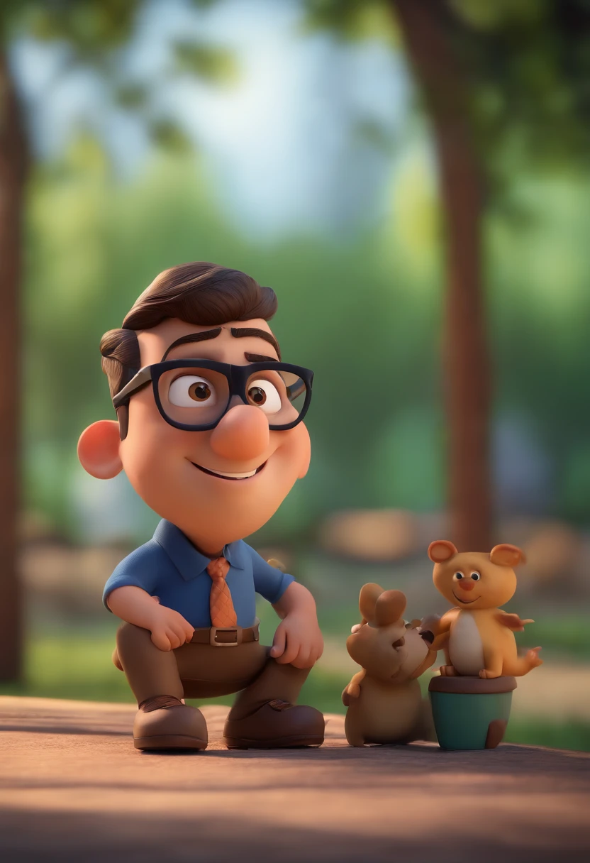 Cartoon character of a man wearing black glasses and a blue shirt, um personagem animado, Caractere estilizado, animation style rendering, 3D estilizado, Arnold Maya render, 3 d render stylized, toon render keyshot, Personagem 3D, Personagem 3D, 3d rendering stylized, 3 d character render, personagem de desenho animado, Personagem de close up, Pose de personagem, (Estilo Pixar) (master part:1.2) (Bokeh) (best quality) (pele detalhada) (textura detalhada) (8k) (argila) (Cinematic lighting) (foco nítido,Senta e vaza a parte superior do corpo