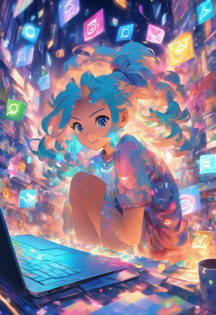 Very colorful and cheerful image of young girl reading emails and messages on her laptop, In the background several letters