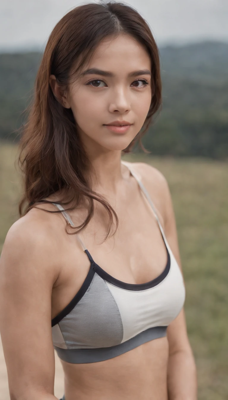 Mulher, atleta, Asian, jovem, Standing looking at the camera, corpo completo, sorriso, shorts curtos, middlebreasts, cintura fina, seios grandes, cabelo preto, penteado curto, franja, foto Realismo, alta resolução, 8k resolution, a hand on the boob outra acima do quadril, fundo pista de atletismo, molhada, 1,74m, master piece, Hot girl, Canon 8k camera, cinematografic, absurdos