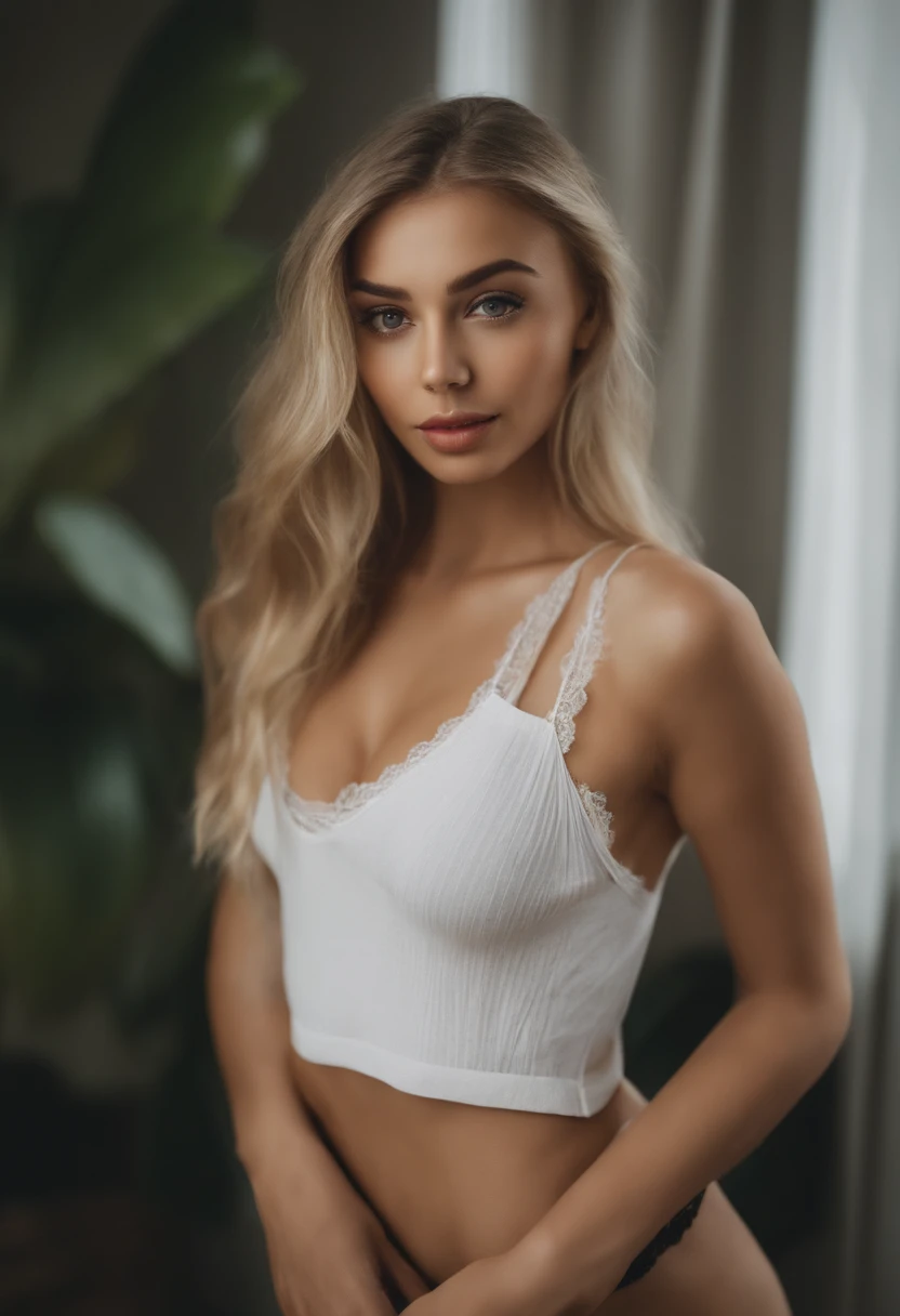 Oman with matching tank top and panties, fille sexy aux yeux bleus, Portrait Sophie Mudd, Portrait de Corinna Kopf, cheveux blonds et grands yeux, selfie of a young woman, ohne Maquillage, maquillage naturel, Look directly into the camera, Visage avec Artgram, dezentes Maquillage, Superbe photo du corps entier, dans la chambre, gros seins, Blonde, Latin