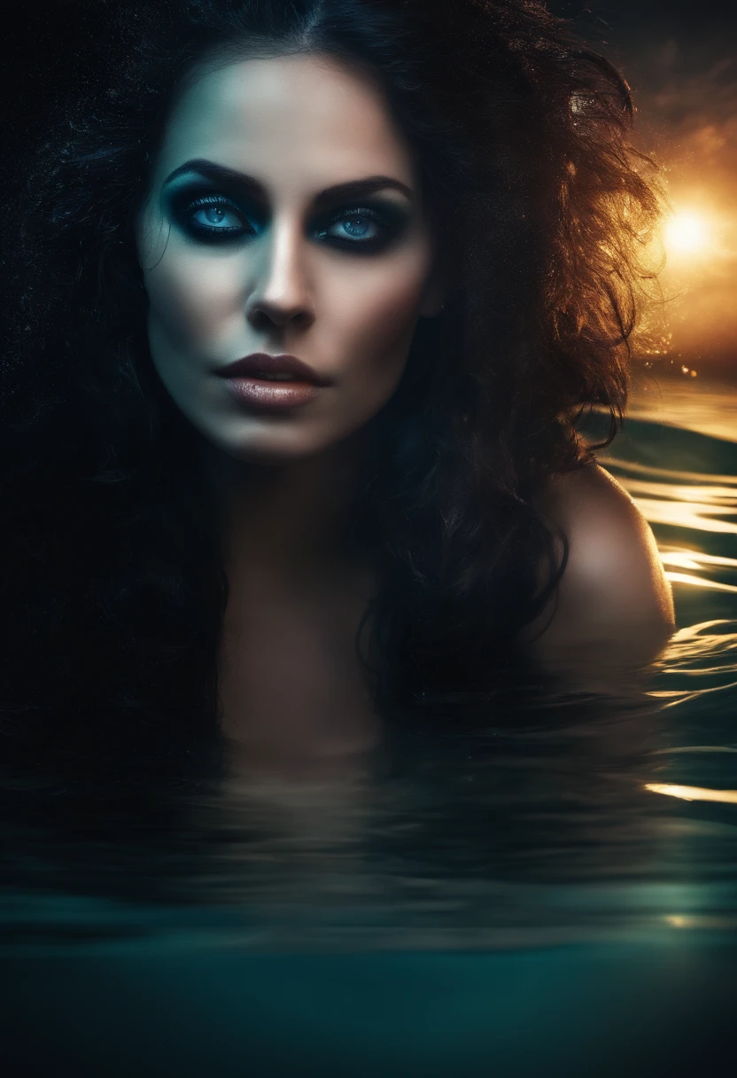 Scary gothic woman face only peeking out of water, eerie, Creepy, nightmarish, Very bright colors, Light particles, with light glowing, Mshiff, wallpaper art, UHD wallpaper