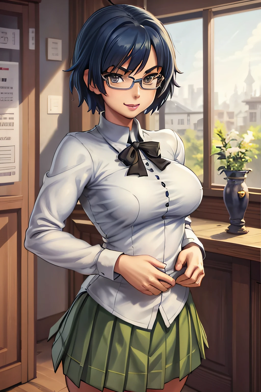 (best quality), (masterpiece), Shizune, school uniform, indoors, looking at viewer, mischievous expression, very busty, lifting skirt, upper body,