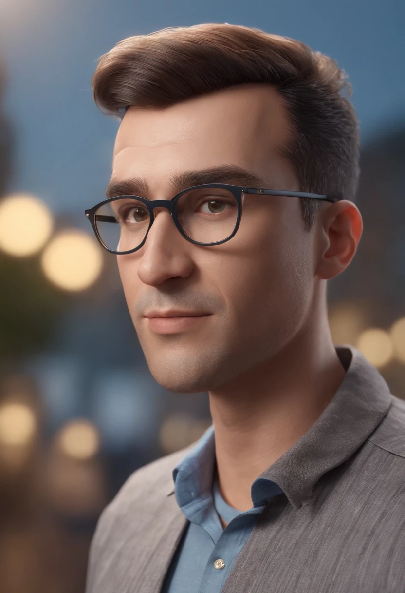 Cartoon character of a man with black glasses, cabelo cacheado marrom escuro e uma camisa azul, animation character, Caractere estilizado, animation style rendering, 3D estilizado, Arnold Maya render, 3 d render stylized, toon render keyshot, Personagem 3D, Personagem 3D, 3d rendering stylized, 3 d character render, personagem de desenho animado, Personagem de close up, Pose de personagem, (Estilo Pixar) (master part:1.2) (Bokeh) (best quality) (pele detalhada) (textura detalhada) (8k) (argila) (Cinematic lighting) (foco nítido