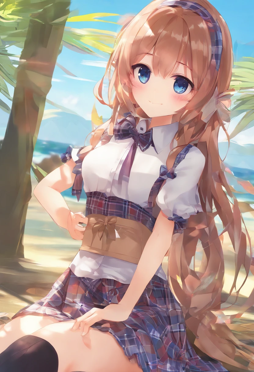 masterpiece, high quality best quality,1girl, bangs, beach, blue_sky, blush, bow, breasts, checkered, checkered_shirt, checkered_skirt, cloud, cloudy_sky, collarbone, day, envelope, giving, grass, hair_bow, heart, holding, holding_letter, horizon, incoming_gift, kazami_yuuka, leaning_forward, lens_flare, letter, light_rays, long_hair, looking_at_viewer, love_letter, mountain, mountainous_horizon, ocean, outdoors, plaid, plaid_background, plaid_bikini, plaid_bow, plaid_bowtie, plaid_bra, plaid_dress, plaid_headwear, plaid_jacket, plaid_legwear, plaid_necktie, plaid_neckwear, plaid_panties, plaid_pants, plaid_ribbon, plaid_scarf, plaid_shirt, plaid_skirt, plaid_vest, pov, shirt, skirt, sky, smile, solo, sun, sunbeam, sunlight, tree, unmoving_pattern