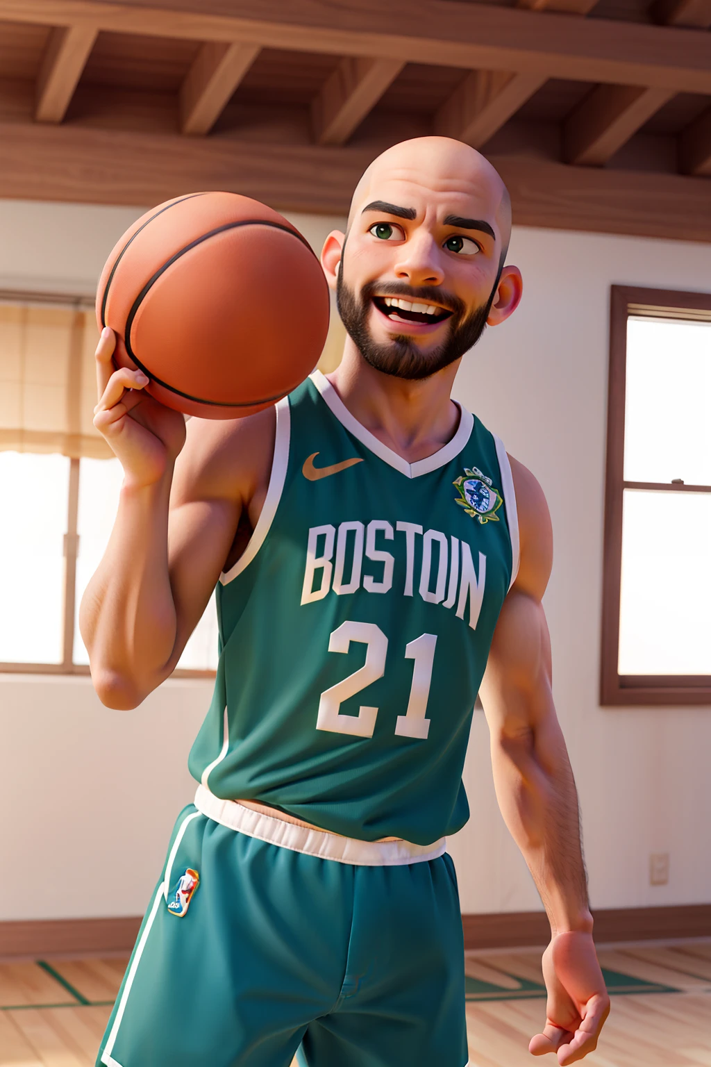 obra-prima, alta qualidade melhor qualidade, 1girl, homem careca, barba, camisa boston celtics, jogando basquete, alegria, rua