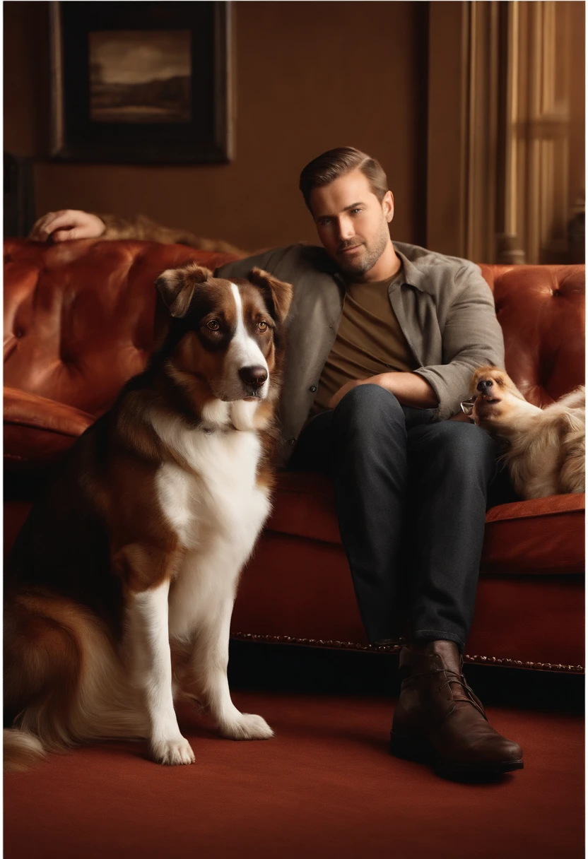 Create a poster of man with his dog that is a brown and white border colie and his dog looking at his owner . They're lying on the couch